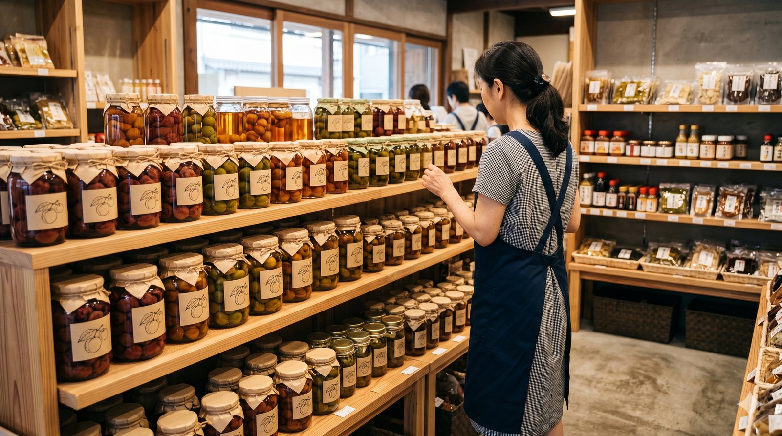 梅干しや梅の保存瓶が並ぶ食料品店